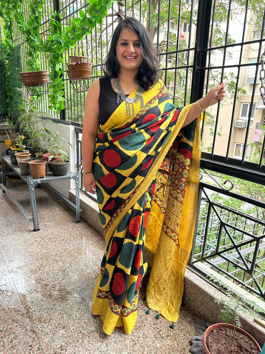 MUSTARD MAROON DOLA SILK AJRAKH ZARI BORDER SARI