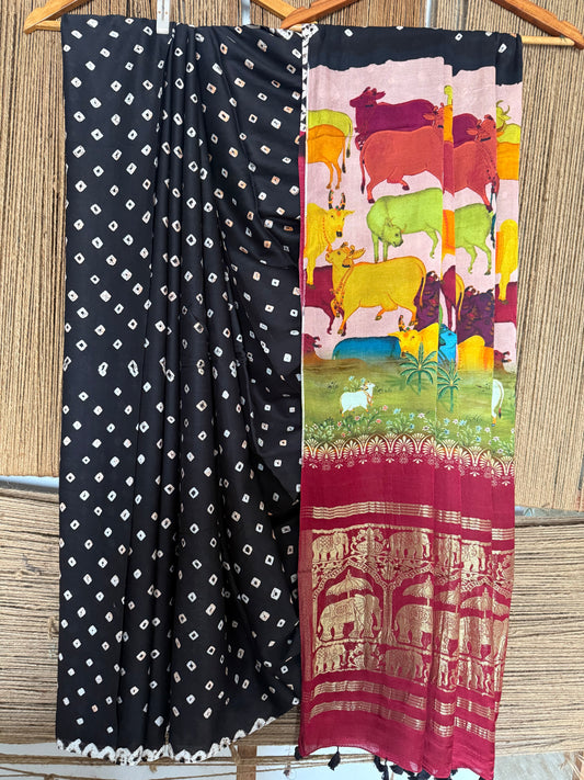Black & maroon modal silk bandhani sari with pichwai print bps 48