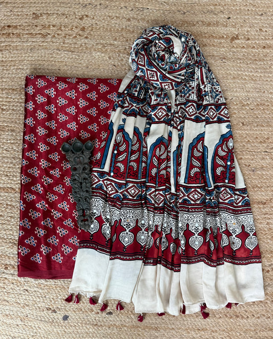Maroon Mashru Silk Kurta With Cream Beige Ajrakh Handcrafted Mirror Work Modal Silk Dupatta