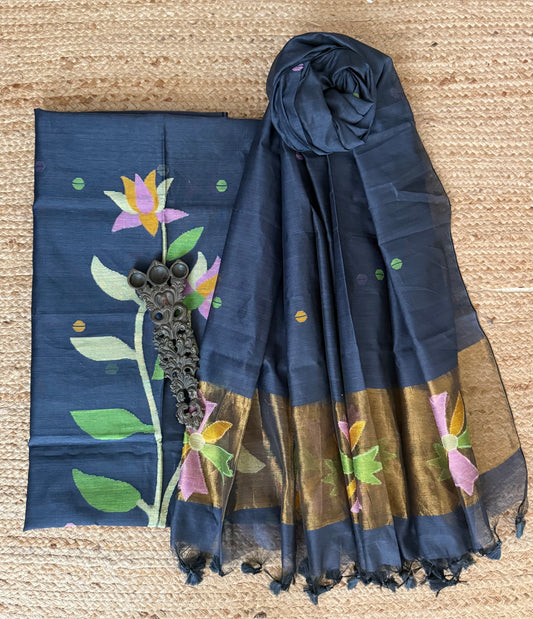 Pigeon Blue handwoven jamdani pure cotton silk kurta set mjk-