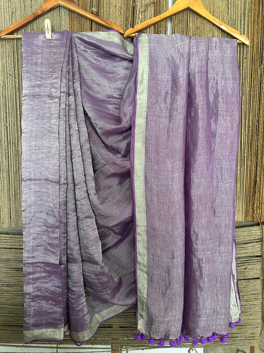 SUNSET PURPLE SILVER METALLIC LINEN SARI WITH WOVEN BORDER ML-13