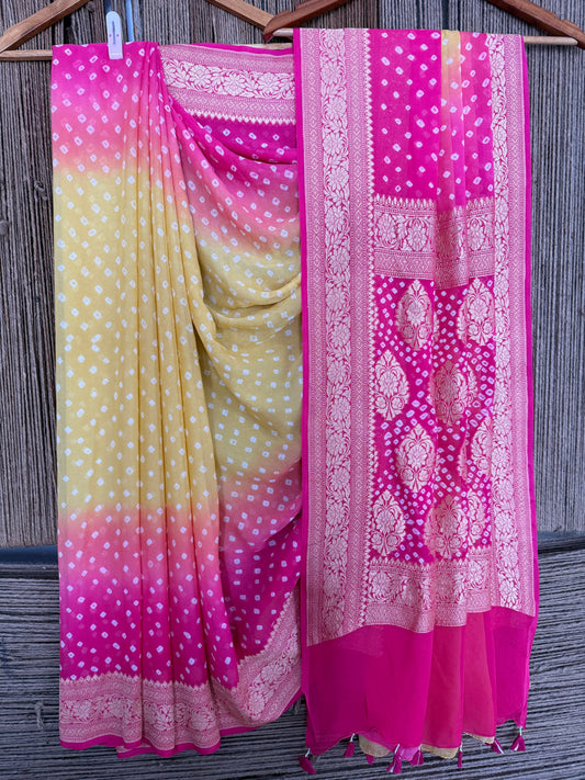 PINK & Yellow Ombré shade Handwoven Neem Zari Bareek Bandhani Saree with Khaddi Georgette BS- 305