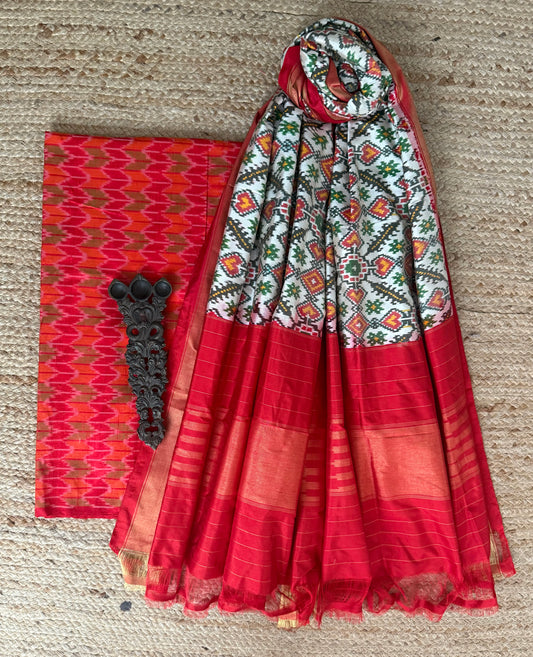 RED ORANGE RAW SILK IKKAT HANWOVEN KURTA WITH IKKAT PATOLA PURE SILK HANDWOVEN DUPATTA