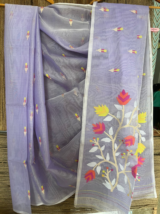 Light purple jamdani handwoven pure muslin silk sari