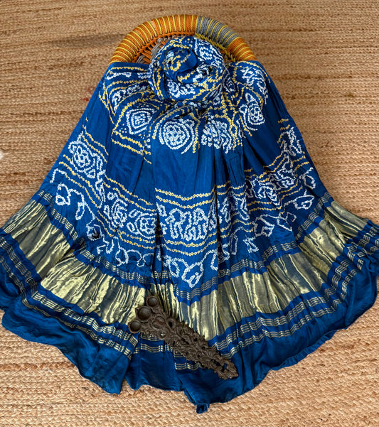 Peacock Blue rai bandhani gajji silk Handcrafted Gharchola dupatta