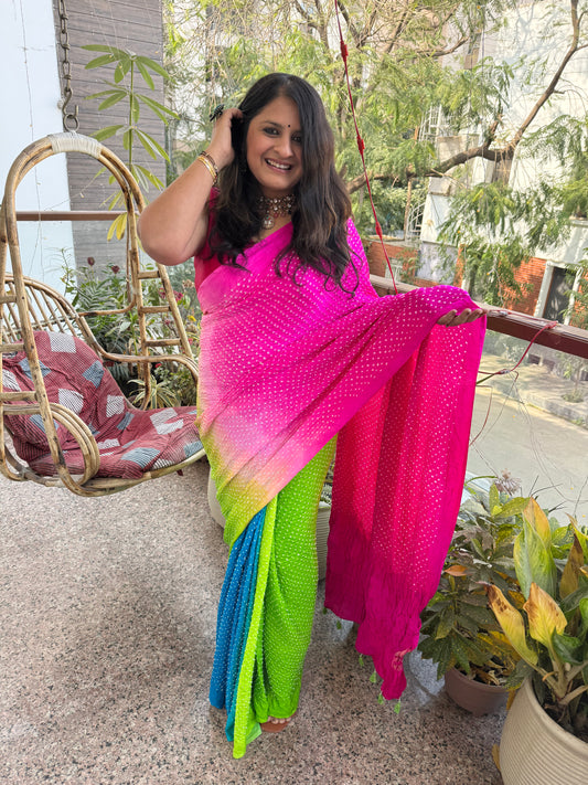 Tri colour ombr㉠shade gajji silk rai bandhani sari
