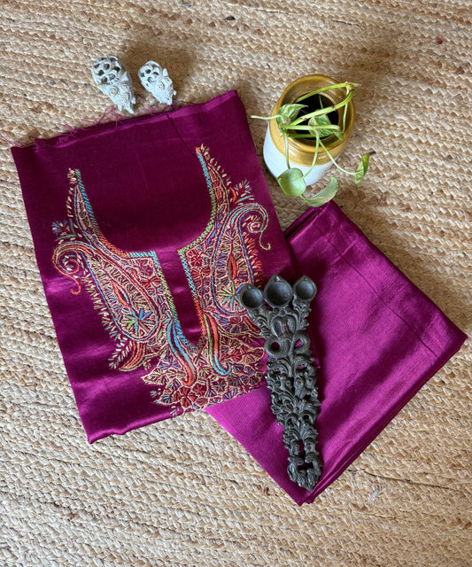 Magenta purple mashru silk hand embroidery kashmiri handembroidery sozni work cord set cs-9