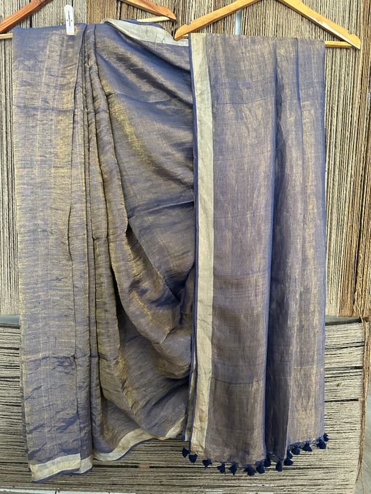 YALE BLUE GOLD METALLIC LINEN SARI WITH WOVEN BORDER ML-10