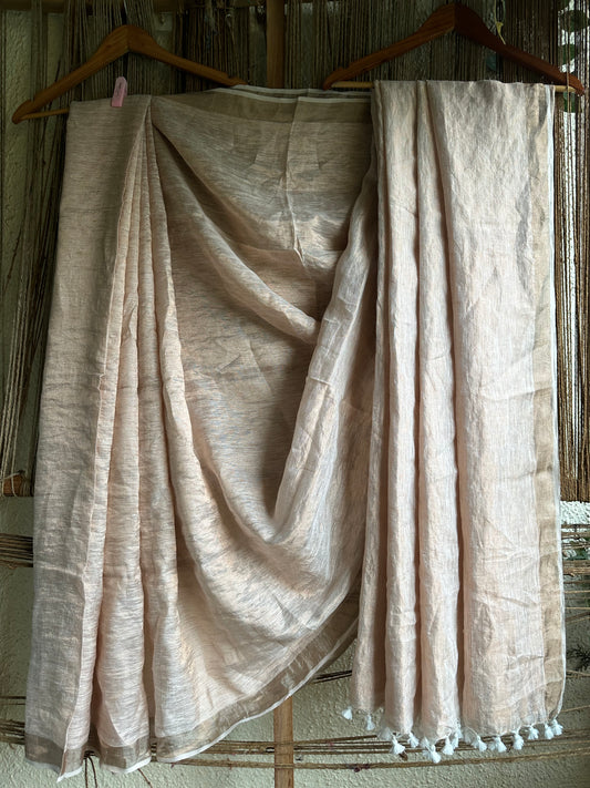 OFF WHITE SILVER METALLIC LINEN SARI WITH WOVEN BORDER & TASSELS ML-57