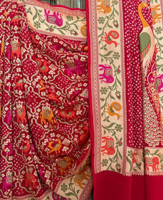 Cherry Red handwoven bareek Rai bandhani saree meenakari jaal with khaddi georgette
