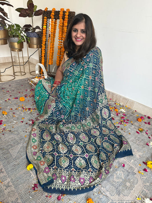 Cyan blue dual shade Handwoven Neem Zari Bareek Bandhani Saree with Khaddi Georgette with Meenakari Work BS- 53