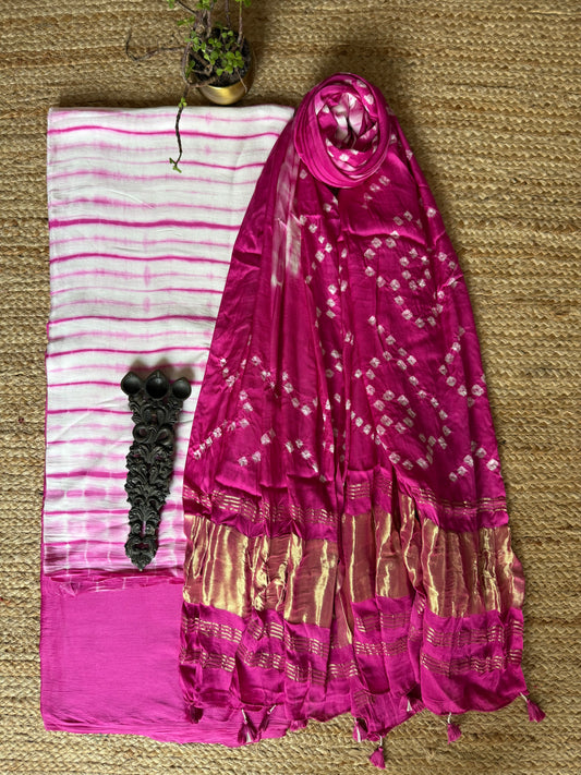 Pink & White Modal Silk Shibori Kurta with Bandhani Shibori  handcrafted Modal Silk Dupatta sbs-9