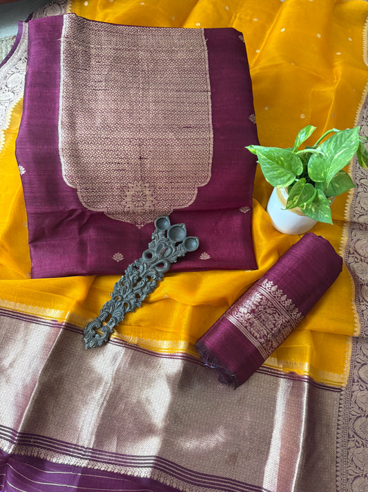 MAUVE PURPLE RAW SILK CERTIFIED HANDLOOM BANARSI KADWA BUTTI WITH WOVEN ZARI THREE PIECE SUIT