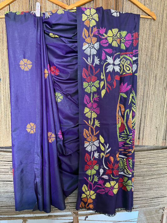 BEAUTIFUL COLOURFUL HAND KANTHA WORK ON BANGALORE BLENDED SILK DENIM BLUE COLOUR SARI WITH BLOUSE