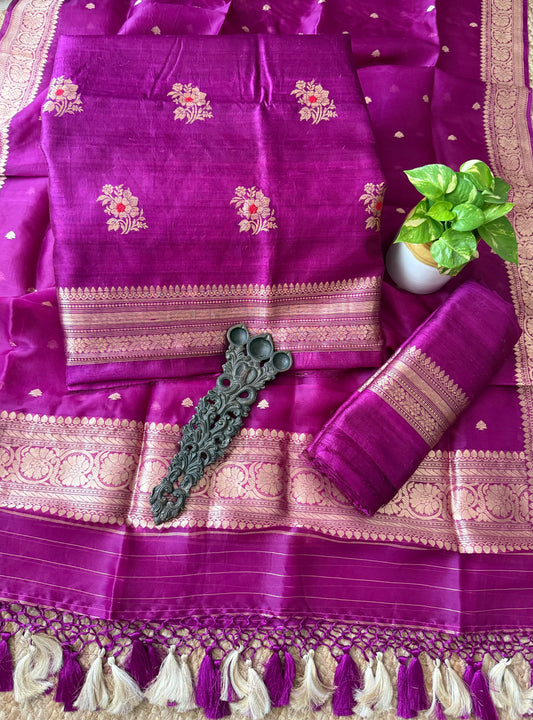 Orchid Purple raw silk certified handloom banarsi kadwa butti with woven zari three piece suit