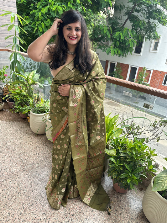 OLIVE GREEN BANARASI MUGA  SILK CERTIFIED ZARI WOVEN  SARI