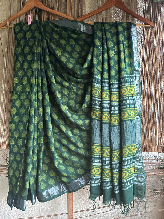 GREEN AKOLA LINEN ZARI WOVEN HANDBLOCK SARI