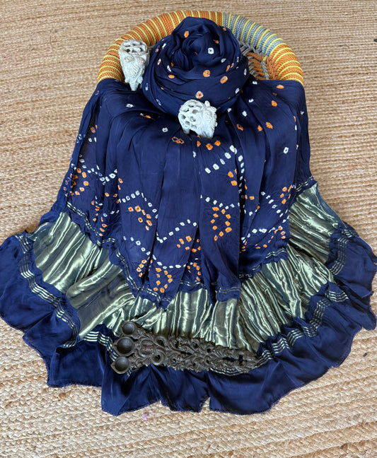 NAVY BLUE MODAL SILK BANDHANI DUPATTA WITH NAKSHI BORDER