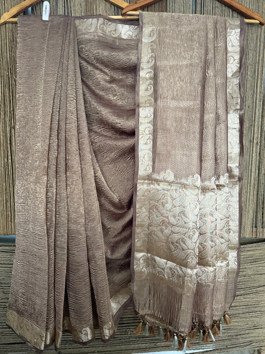 SADDLE BROWN BANARASI ZARI CRUSHED TISSUE SARI