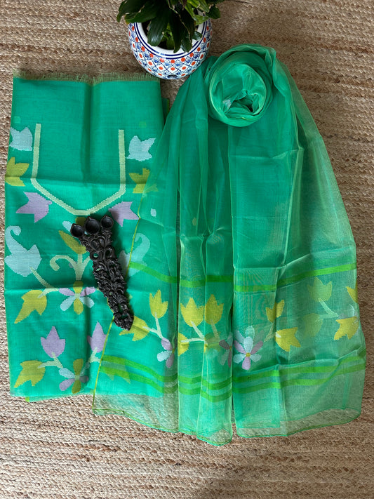 NEON GREEN HANDWOVEN JAMDANI PURE MUSLIN SILK KURTA SET MJK-53