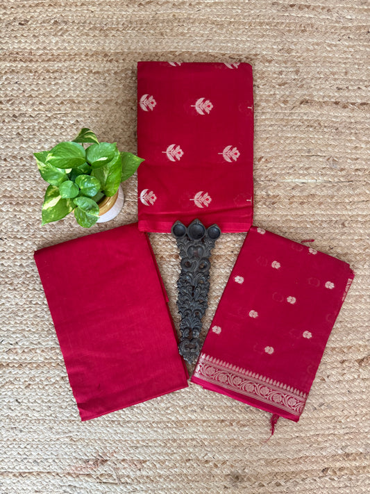 Hibiscus Red Chanderi handloom banarsi booti three piece suit