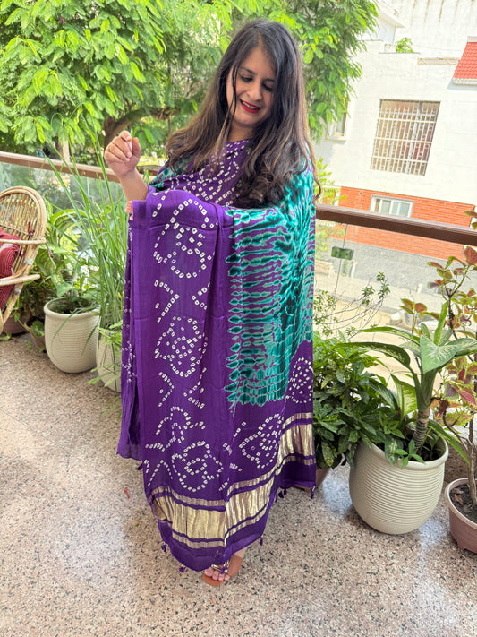 Violet Purple & Green Modal Silk Shibori Kurta with Bandhani Shibori handcrafted Modal Silk Dupatta sbs-6