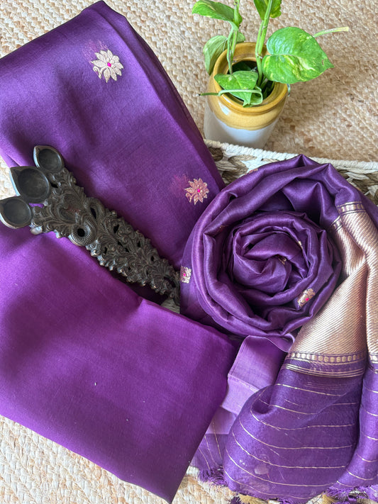 Purple kora silk certified handloom banarsi kadwa booti three piece suit