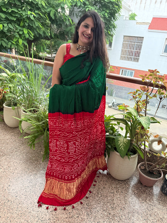 BOTTLE GREEN & RED GAJJI SILK RAI BANDHANI CHAKRA THEME GAJJI SARI BS- 206