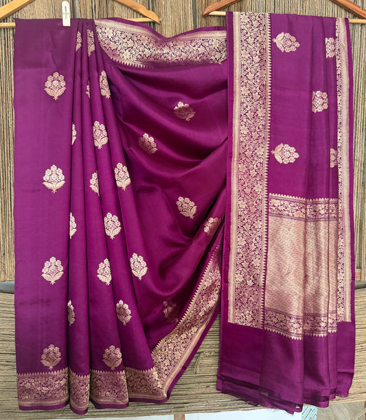 Raspberry Raw Mango Silk Certified Handloom Banarsi sari With Woven Zari