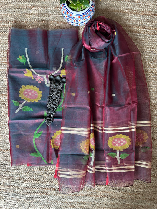 GREENISH MAROON DUAL SHADE HANDWOVEN JAMDANI PURE MUSLIN SILK KURTA SET MJK-62