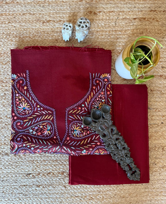 MAROON MASHRU SILK HAND EMBROIDERY KASHMIRI HANDEMBROIDERY SOZNI WORK CORD SET Cs- 30