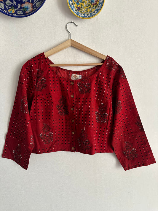 MAROON AJRAKH COTTON BLOUSE BLOUSE WITH WOODEN BUTTON