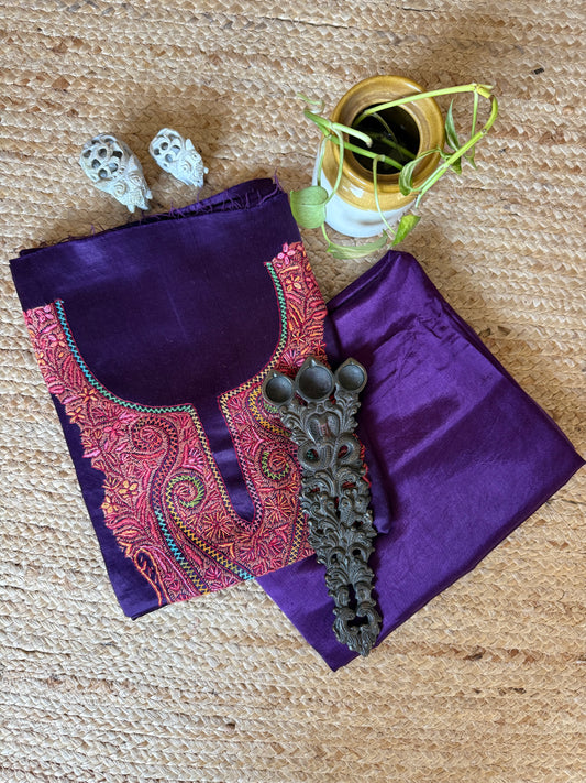 PLUM PURPLE MASHRU SILK HAND EMBROIDERY KASHMIRI HANDEMBROIDERY SOZNI WORK CORD SET Cs-5