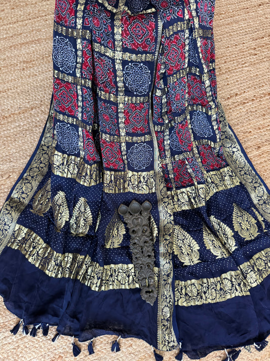 NAVY BLUE MODAL SILK AJRAKH HANDCRAFTED GHARCHOLA DUPATTA WITH AJRAKH PRINT IN NAKSHI BORDER
