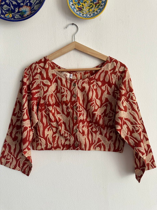 MAROON KALAMKARI COTTON BLOUSE BLOUSE WITH WOODEN BUTTON