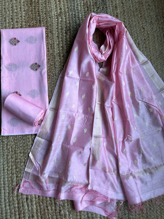 BABY PINK BANARASI CHANDERI  HANDLOOM THREE PIECE  SET SUIT CBS-103