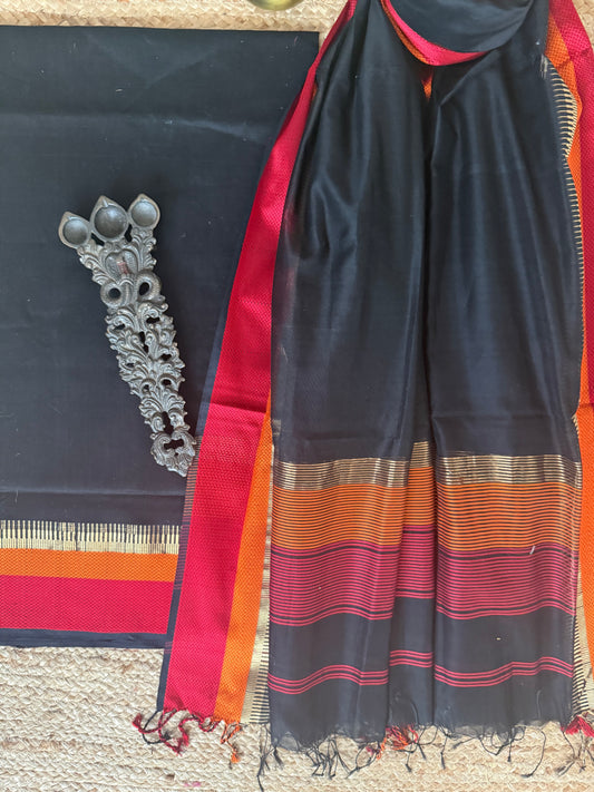 BLACK MAHESHARI BORDER SILK HANDLOOM KURTA SET