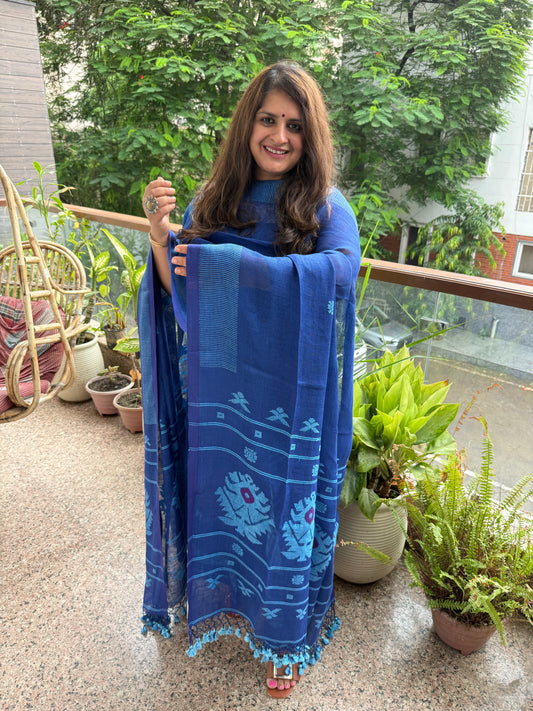 ROYAL SAPPHIRE BLUE PURE JAYSHREE LINEN JAMDANI HANDWOVEN KURTA SET