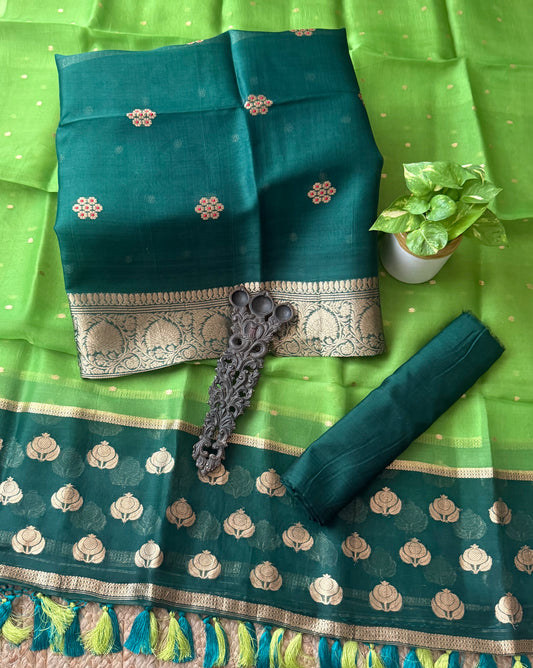 Bottle green kora silk certified handloom banarsi kadwa butti with woven zari three piece suit