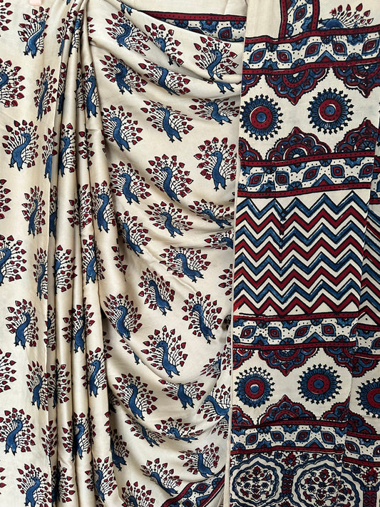 BEIGE PEACOCK AJRAKH MODAL SILK SARI WITH BORDER