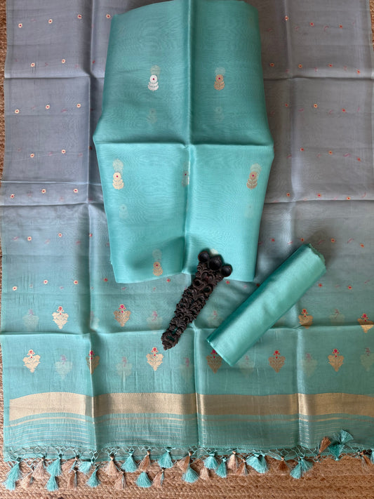 Turquoise Blue kora silk certified handloom banarsi kadwa booti meenakari Ombré Shade Duppatta three piece suit