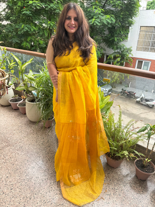ORANGE YELLOW COPPER TISSUE LINEN JAMDANI HANDWOVEN SARI WITH ELEGANT WOVEN MOTIFS