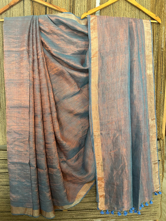 SKY BLUE COPPER METALLIC LINEN SARI WITH WOVEN BORDER ML-20