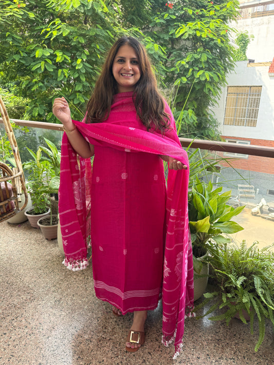 MAGENTA PINK PURE JAYSHREE LINEN JAMDANI HANDWOVEN KURTA SET