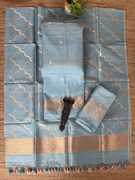Powder Blue Cotton silk certified handloom banarsi kadwa booti meenakari With kora Dupatta three piece suit