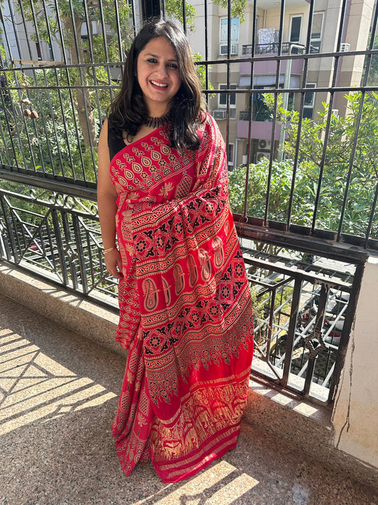 CANDY PINK AJRAKH PRINT MODAL SILK SARI WITH ZARI BORDER