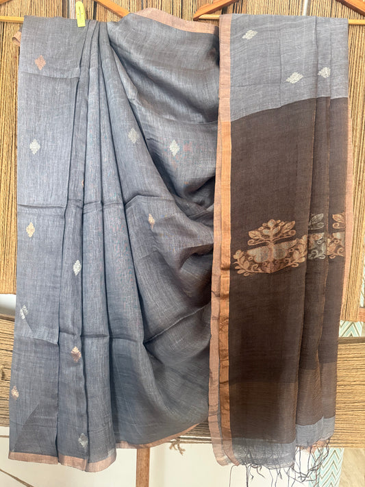 METAL GREY COPPER TISSUE LINEN JAMDANI HANDWOVEN SARI WITH ELEGANT WOVEN MOTIFS