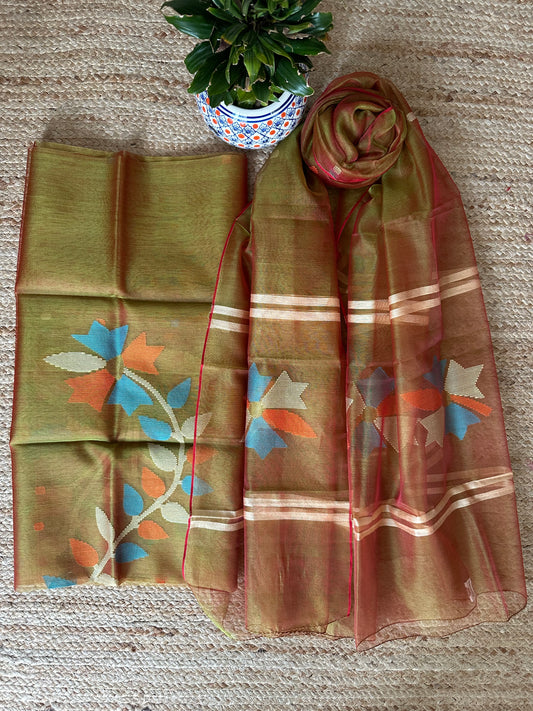 MEHENDI GREENISH RED DUAL SHADE HANDWOVEN JAMDANI PURE MUSLIN SILK KURTA SET MJK-52