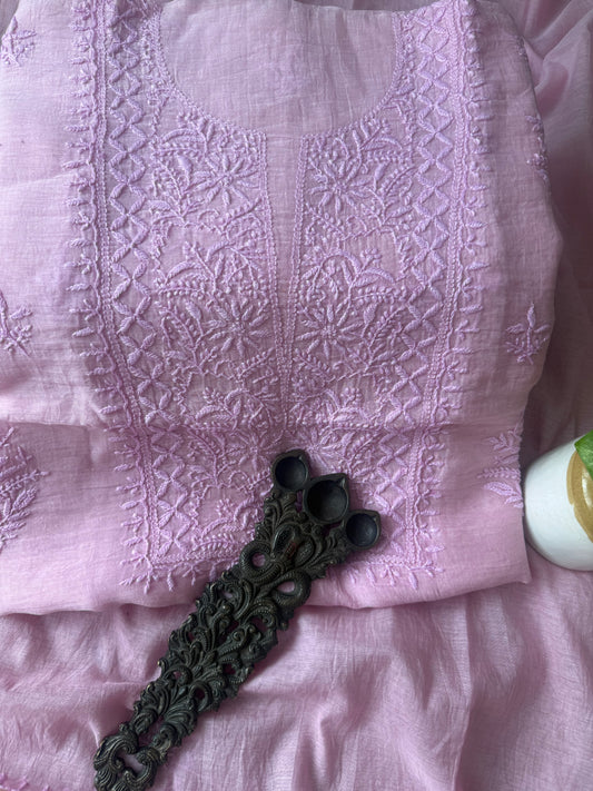 SIMPLE PINK PREMIUM MULL CHANDERI LUCKNOWI CHICKENKARI HAND EMBROIDERY THREE PIECE SUIT