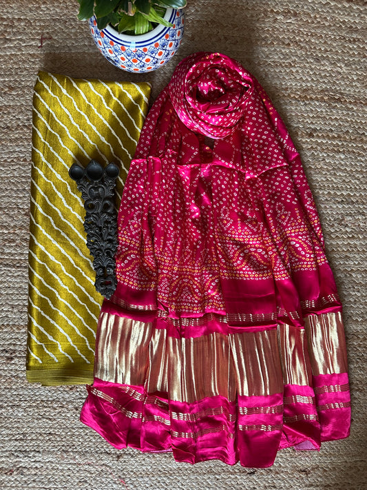 MUSTARD LEHERIYA MASHRU SILK KURTA WITH PATOLA HANDCRAFTED MODAL SILK DUPATTA PS-22
